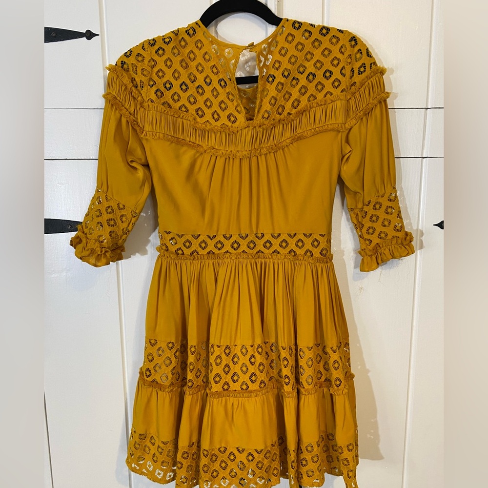 cinq a sept Mustard Tiered Embroidered Mini Dress